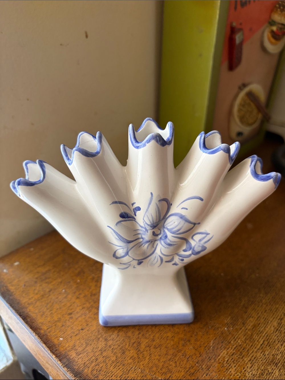 Blue and White Ceramic Fan Vase with Floral Motif